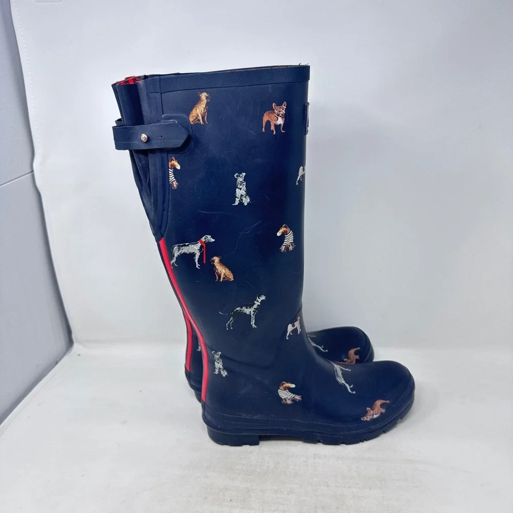 Joules Rain Boots Navy Blue Size 8 Dog Print Tall Wellingtons Waterproof